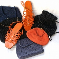 Group lot vintage ladies accessories inc - blue beaded purse in scale pattern, orange beaded and gilt purse, orange heeled sandals, etc - Sold for $67 - 2014