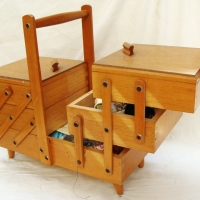 Wooden 6 section CANTILEVER SEWING BOX & contents incl, scissors, tape measure, needles, zips, cotton reels, etc - Sold for $55 - 2014