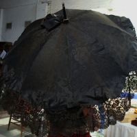 c1900 Victorian black silk mourning parasol with lace trim and bow - Sold for $92 - 2014