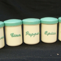 Boxed - as new vintage NALLY WARE green & cream Bakelite spice canister set - Sold for $49 - 2014