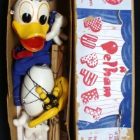 Boxed vintage PELHAM DONALD DUCK string PUPPET - fab hat & vest outfit and handpainted face - paperwork inc - approx 25cm H - Sold for $104 - 2014