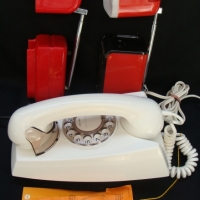 3 x pieces retro items - boxed wall hanging rotary dial phone, 2 x red folding lamps - Sold for $49 - 2014