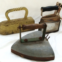 3 x vintage irons  - billiard table irons in cast and wrought iron, a very early electric billiard table iron and a Hotpoint iron - Sold for $37 - 2014