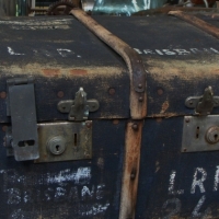 Lovely old TRAVELLING TRUNK - Wooden Banding & Leather Corners - Sold for $43 - 2014