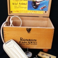RONSON ROTO SHINE electric shoe polisher kit - complete with attachments & wooden shoe shine box - Sold for $30 - 2014