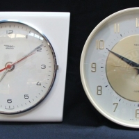 4 x assorted clocks inc - mantle clock with wooden inlay, circular Metamec wall clock, etc - Sold for $37 - 2014