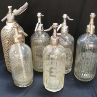 6 x vintage glass soda syphons, most with fab etched labels inc - R Harrison Fitzroy, G Hall & Sons Norwood, etc - Sold for $30 - 2014