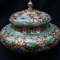 Chinese cloisonne lidded bowl with floral glass enamel -  fine quality circa 1960s-1980s - Sold for $49 - 2014