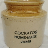 Large stoneware Cockatoo Home-Made jams stoneware crock with lid 21cm tall - Sold for $30 - 2014