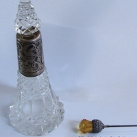 c1910 Crystal perfume bottle with a Sterling silver collar and a Scottish thistle hat pin - Sold for $49 - 2014