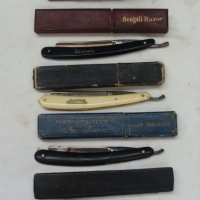 Group of Staright razors including Horn handle, celluloid hands, one Marked Ern Welsh 117 Bridport St Albert Park The Albert - Sold for $61 - 2014