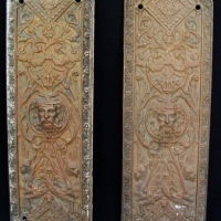 Pair of Brass push plates with gothic mask and griffin decoration , British registration diamond to rear - Sold for $61 - 2014