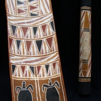 2 x Pces - vintage Aboriginal bark painting with turtles dated 1978 and painted short didgeridoo - Sold for $67 - 2015