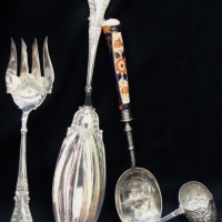 Group of c1900 silver plated serving items including Imari patterned berry spoon by Martin Hall & Co - Sold for $55 - 2015