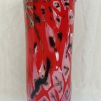 Tall unusual contemporary Australian Art Glass irregular cyclinder vase by Don Wreford - 39cm tall - Red ground overlaid with pink,white and black, ap - Sold for $195 - 2015