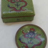 2 items Vintage Chinese Cloisonne lidded box with Red Dragon in Green clouds with matching bowl - Sold for $49 - 2015