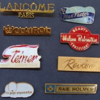 Group lot vintage advertising brooches all for cosmetic companies  inc - Lancme Paris, Helena Rubinstein, Max Factor, Steiner, etc - Sold for $43 - 2015