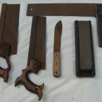 Group lot vintage tools inc -  Ebony square, Spear & Jackson dovetailing brass backed saw, butcher knife, etc - Sold for $30 - 2015