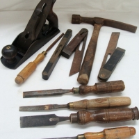 Group of Wood working tools, boxwood handled chisels, ebony and brass level circa 1860, 1910 Stanley plane with rosewood handle - Sold for $92 - 2015