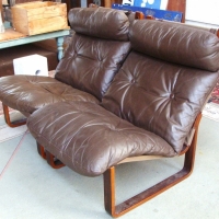 Pair of vintage Tessa armchairs - buttoned brown leather upholstery - Sold for $49 - 2015