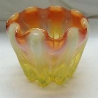 Victorian Vaseline art glass vase with petulate rim and yellow to peach colouring - Sold for $98 - 2015