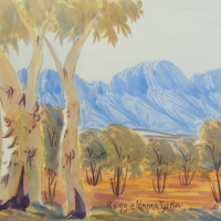 Unframed REGGIE NAMATJIRA Hermannsberg School Watercolour - THE GHOST GUMS - Signed lower right - 17x23 - Sold for $171 - 2015