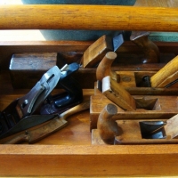 Wooden tool box with assorted carpenters planes - Sold for $55 - 2015