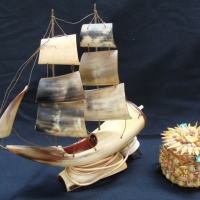 2 items - Vintage Italian Horn twin mast ship lamp and a shell art box - Sold for $49 - 2015