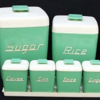 Group lot green & white Nally ware inc.l graduating canisters for flour, sugar etc & 5 small spice canisters on white tray - Sold for $171 - 2015