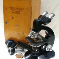 Vintage Microscope by Reichert Austria with spare Objectives, light source, spare globes in original case - Sold for $183 - 2015