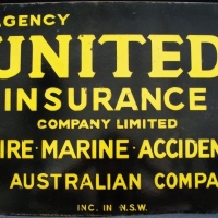 Vintage enameled sign UNITED INSURANCE- Fire Marine Accident an Australian Company - yellow text on black background - 38 x 54cm - Sold for $85 - 2015