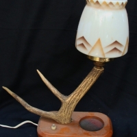 Vintage stag horn lamp on wooden base with 1960s glass shade - Sold for $110 - 2015