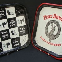 2 x Scotch Whisky Advertising BAR TRAYS - Black & White and Peter Dawson - Sold for $27 - 2015