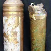 2 x Vintage brass CAR EXTINGUISHERS - one with handle for pulling at top the smaller with twist valve - Sold for $73 - 2015