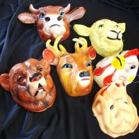 3 x Boxes vintage plastic  animal masks  Including cow, stag, bear etc - Sold for $67 - 2015