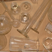Box lot of glass SCIENCE LAB EQUIPTMENT including 78cm pippet with tap, beakers, flasks, test tubes, etc - Sold for $73 - 2015