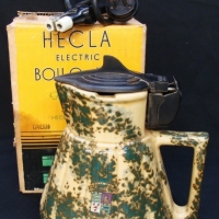 Boxed vintage HECLA electric water jug - mottled green and yellow ceramic jug with black bakelite lid - Sold for $49 - 2015