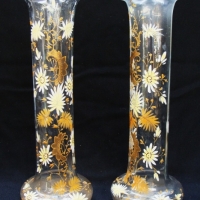 Pair of Victorian Glass VASES - Pretty HPainted Floral decoration w Frilly Tops - approx 30cm H each - Sold for $61 - 2015