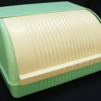 Vintage Australian made green & cream plastic BREAD BIN with roll top lid - Sold for $79 - 2015