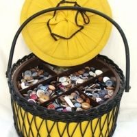 Vintage woven black vinyl over yellow fabric hat box shaped sewing basket with handle, dived pull-out tray & contents - incl, buttons, pins, souvenir  - Sold for $49 - 2015