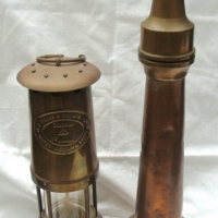 2x  items Vintage brass fire nozzle and Welsh Daveyminers lamp - Sold for $104 - 2015