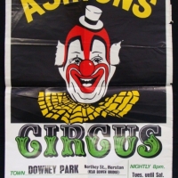 Fab vintage ASHTONS CIRCUS poster - Colourful Clown image on Black ground - Sold for $98 - 2015
