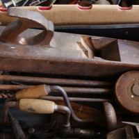 2 x Boxes vintage tools inc wood planes, metal square, hand drills etc - Sold for $43 - 2015
