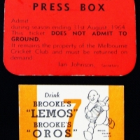 2 x Vintage Melbourne Cricket Club (MCC) Tickets - red 1964 Press Box pass & Pass Out Ticket with fab advertising verso - Sold for $67 - 2015