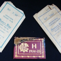 3 x Pces vintage Melbourne Cricket Club (MCC) ephemera inc 1934-35 membership ticket (af) & 2 x Membership badge paper packaging for 1957/58 & 1958/59  - Sold for $43 - 2015