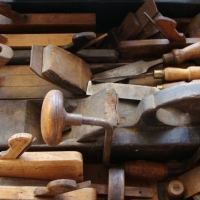 Box lot of vintage wood planes and chisels - Sold for $55 - 2015
