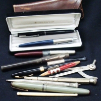 Group of pens and writing implements including fountain pens, whale bone  crochet hooks self propelling pencils etc - Sold for $37 - 2015