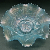 Northwood Three Fruits ICE BLUE Carnival glass Bowl - stippled with piecrust edge C1910 - 22cms D - exc Cond - Sold for $232 - 2015