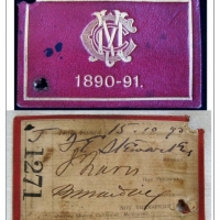 Vintage Melbourne Cricket Club (MCC) 1890-91 membership ticket - red leather with gilded text & logo - no 1271 signed by member, Honorary treasurer &  - Sold for $830 - 2015