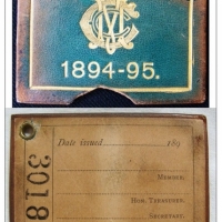 Vintage Melbourne Cricket Club (MCC) 1894-95 membership ticket - green leather with gilded text & logo - no 3018 - looks to be unused, no details fill - Sold for $586 - 2015